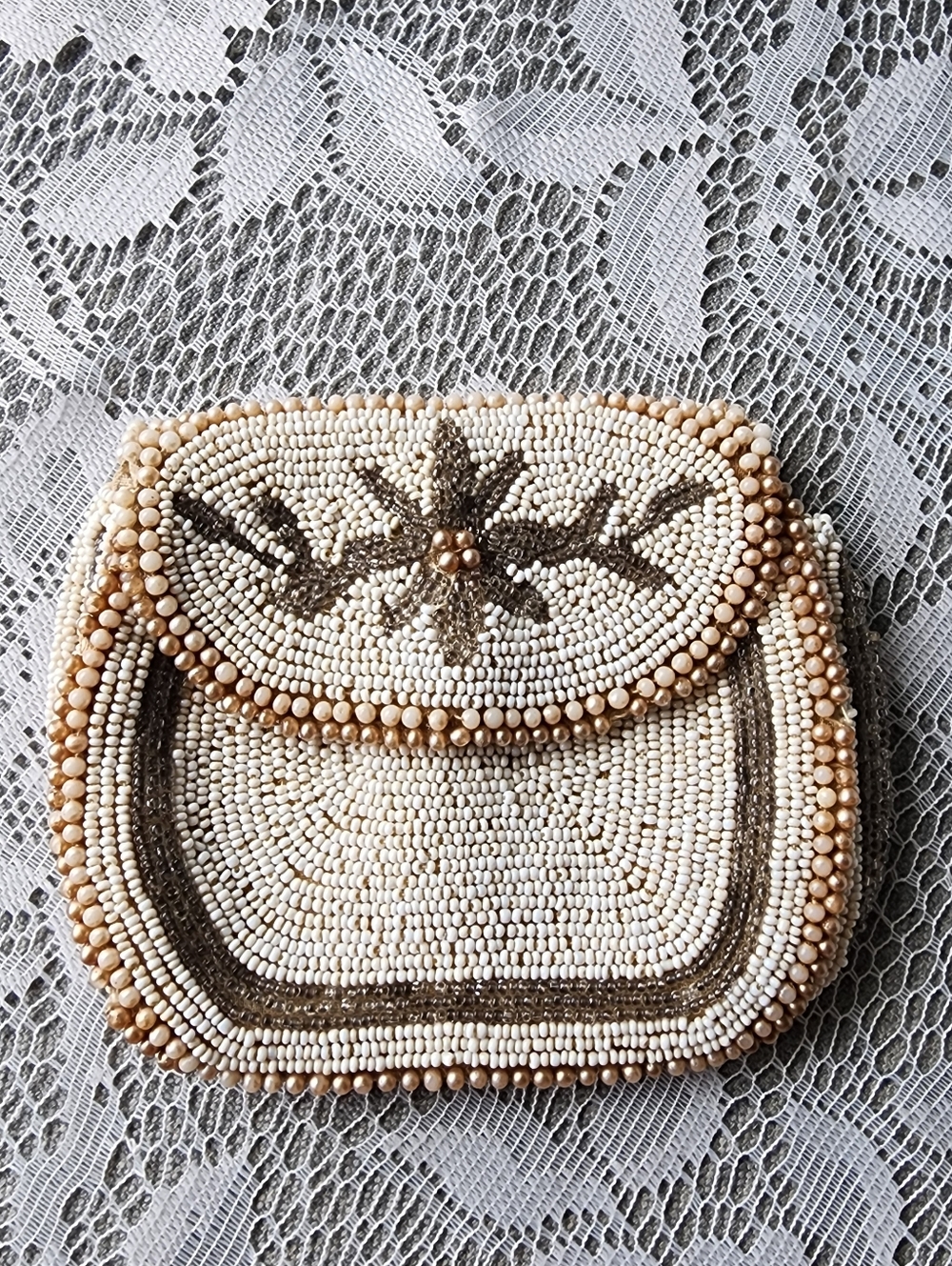 Vintage 1950s Hand Beaded Ivory & Champagne Evening Clutch Purse Bridal